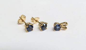 A pair of gold sapphire stud earrings and similar pendant, stamped 14k