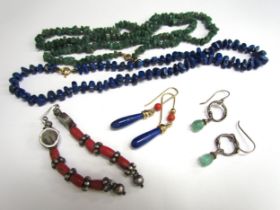 Three pairs of earrings including Lapis Lazuli drops and two polished stone necklaces including