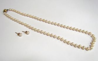 A cultured pearl necklace, 5mm pearls, with a 9ct two tone gold clasp, 42cm long and a pair of pearl