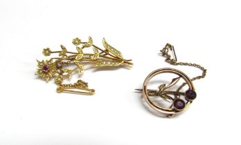 Two gold brooches, one set with amethyst and pearl the other ruby and pearl, stamped 9c, 6.3g