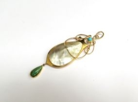 An Art Nouveau Murrle Bennet and Co pendant, gold, turquoise and shell (slight natural crack to