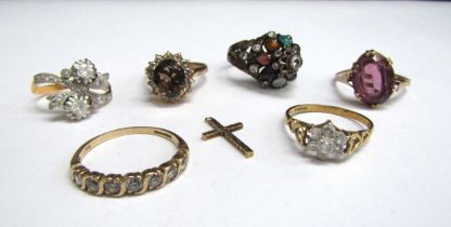 Three 9ct gold dress rings and three others with a 9ct gold cross pendant, 17g total