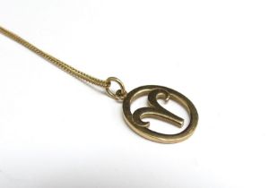 A 9ct gold Aries pendant on 9ct gold chain, 40cm long, 4.1g