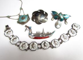 A Siam Sterling enamel brooch as a dragon boat, Siam silver enamel panel bracelet, Siam silver
