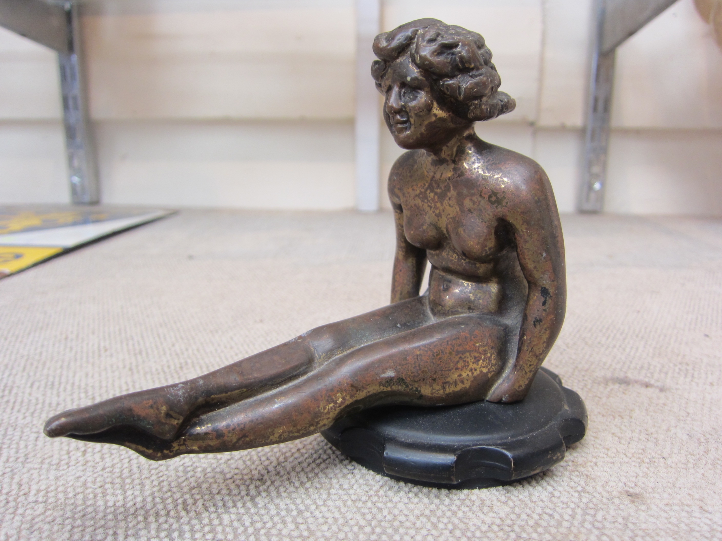A bronze car radiator mascot circa 1900-1930, in the form of a seated naked lady - Image 2 of 3