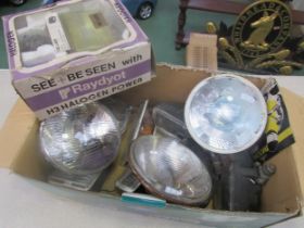 A box of mixed lamps including Lucas