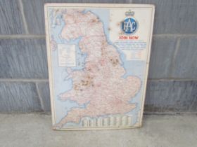 An RAC map of Great Britain mounted on tin 'Join Now'. 45.5cm wide x 60cm tall