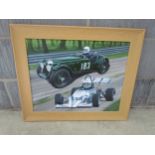ANDREW KITSON: Framed painting of Lotus racing cars. Frame size 81cm x 52cm