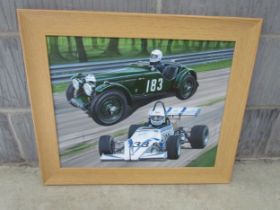 ANDREW KITSON: Framed painting of Lotus racing cars. Frame size 81cm x 52cm