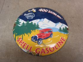 A reproduction circular convex Shell enamel sign "400 Extra Dry, Shell Gasoline", 29.5cm diameter