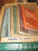 A box of manuals and books including Maxi, Cowley and Ford, etc