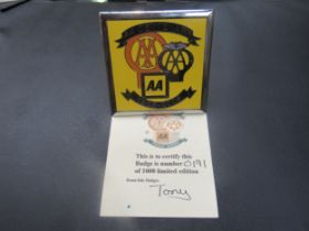 A chrome and enamel AA centenary 1905-2005 badge with certificate, No. 191 of 1000