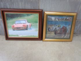 A framed photograph of a racing scene and a framed print of vintage racing cars, frame sizes 37.