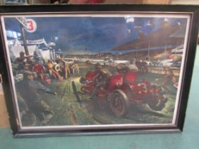 A framed and glazed vintage motor racing print, 51cm x 36cm