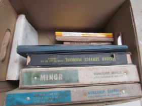 A box of mixed manuals etc including Jaguar service manual for MK2 and XK120, Austin and Ford