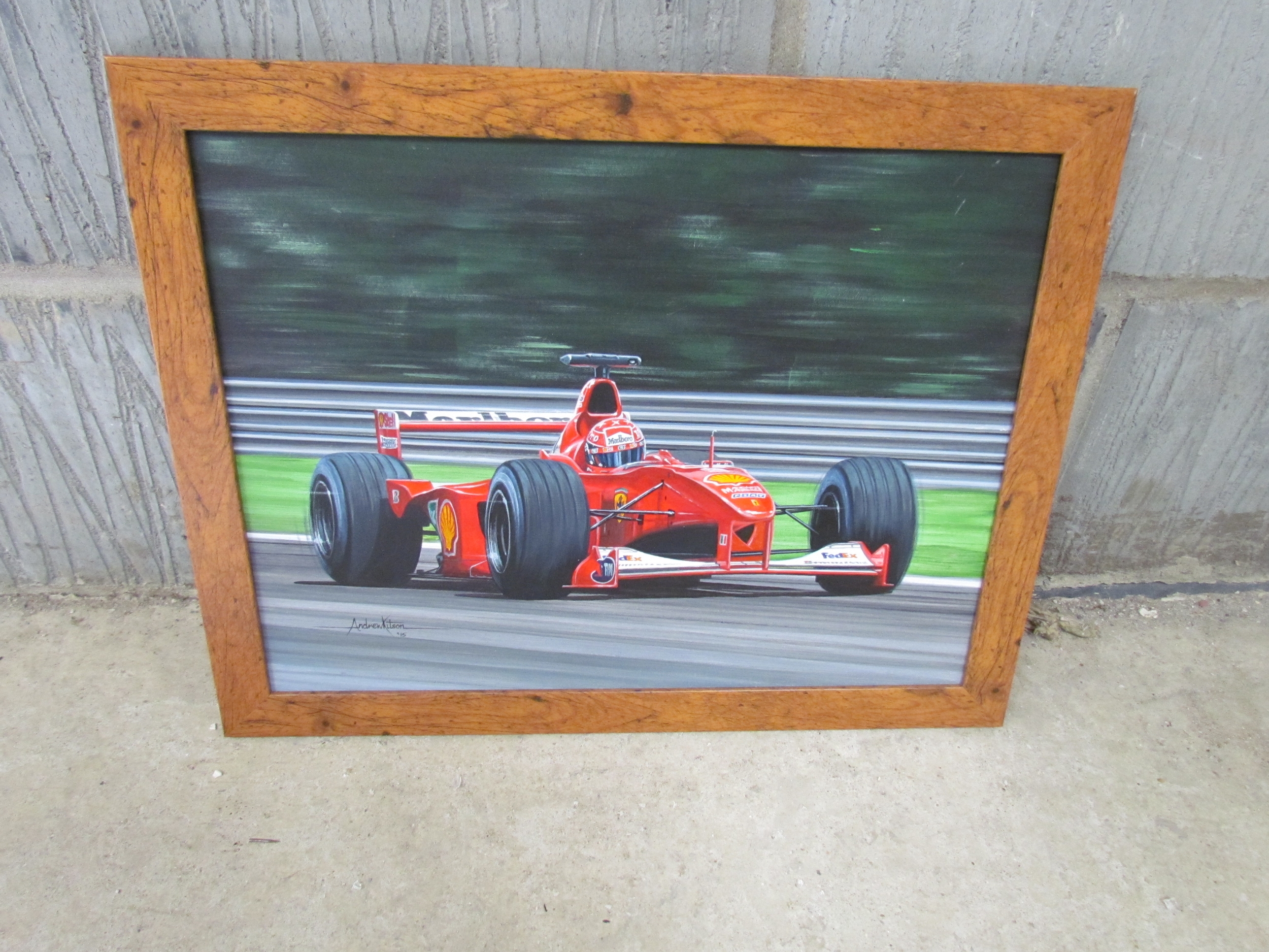 ANDREW KITSON: Framed painting "Monza Maestro" Michael Schumacher at the 2000 Italian Grand Prix.