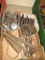 A box of Imperial spanners, pliers and a quantity of mixed gauges