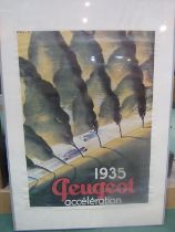 A framed and glazed reproduction 1935 Peugeot Acceleration poster, frame size 70cm x 100cm