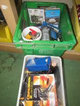 Two boxes of mixed including a grease gun, Easy Bleed kit and mallets etc.