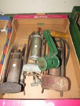 Three foot pumps including Kismet, Sutty and PCL Royal and a Lister crank handle