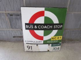 A 1950's 'Bus & Coach Stop' flag sign, double-sided, enamel in green, white and red