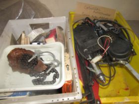 Two boxes of mixed spares including Ford petrol pump and a Bosch electric aerials