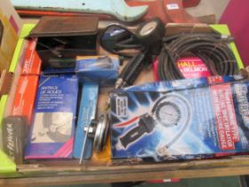 A tray of mixed including tyre inflators, Duritc electrical components, tools and a chromed