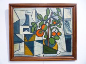 A circa Mid 20th Century cubist style oil on board, still life of a Tomato vine. Unsigned work.