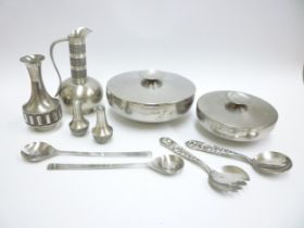 A collection of Scandinavian stainless steel and pewter to include Danish salad bowls, servers,