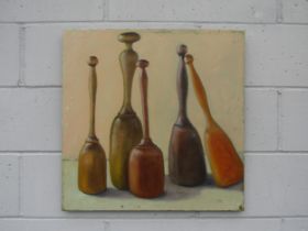 An oil on canvas painting of mallets, signed 'Villa'. 61cm x 61cm