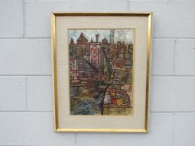 SIR FRANCIS ROSE (1909-1979) A framed and glazed mixed media on paper, Thames side cranes. Signed