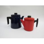 Finel 1960's Finnish enamel coffee pots, one red, 16cm high, one dark blue, 19cm high, designed by