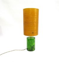 A green Shatterline lamp with orange spun fibreglass shade, overall height 42.5cm