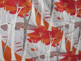 A large c1950's curtain Barkcloth panel of abstract river and tree scenes in vibrant orange and red.