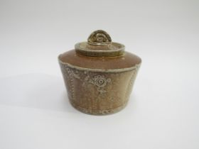 MAUREEN MINCHIN (b.1954) 1980's salt glazed lidded pot with incised decoration to main body, potters