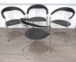 A set of four Italian style circa 1980's leather and chrome chairs, cantilever tub form, 79cm high