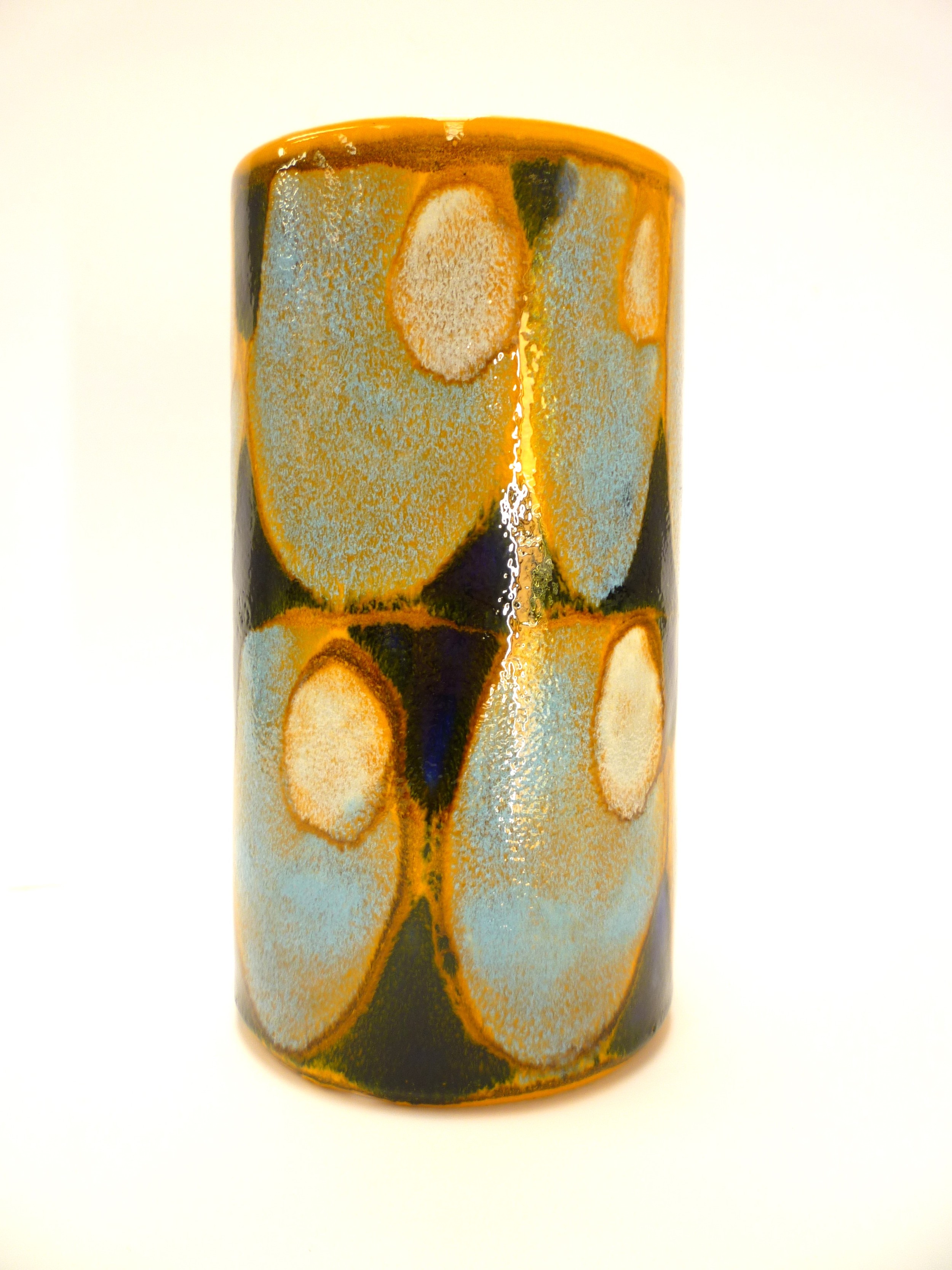A Poole Pottery Delphis range cylindrical vase in yellow, blue and black. Black back stamp and No. - Image 2 of 4