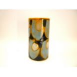A Poole Pottery Delphis range cylindrical vase in yellow, blue and black. Black back stamp and No.