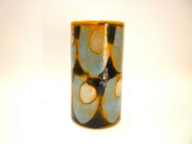 A Poole Pottery Delphis range cylindrical vase in yellow, blue and black. Black back stamp and No.