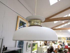 A Danish ceiling light in white with brass collar. 36cm diameter