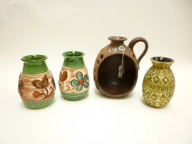 Three West German ceramic vases by Bay and one candle holder by Silber Distel with labels. Tallest