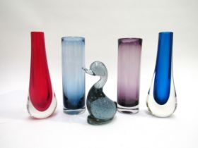 Whitefriars & Wedgwood glass - A Whitefriars Dilly Duck and two vases in Ruby and Kingfisher Blue