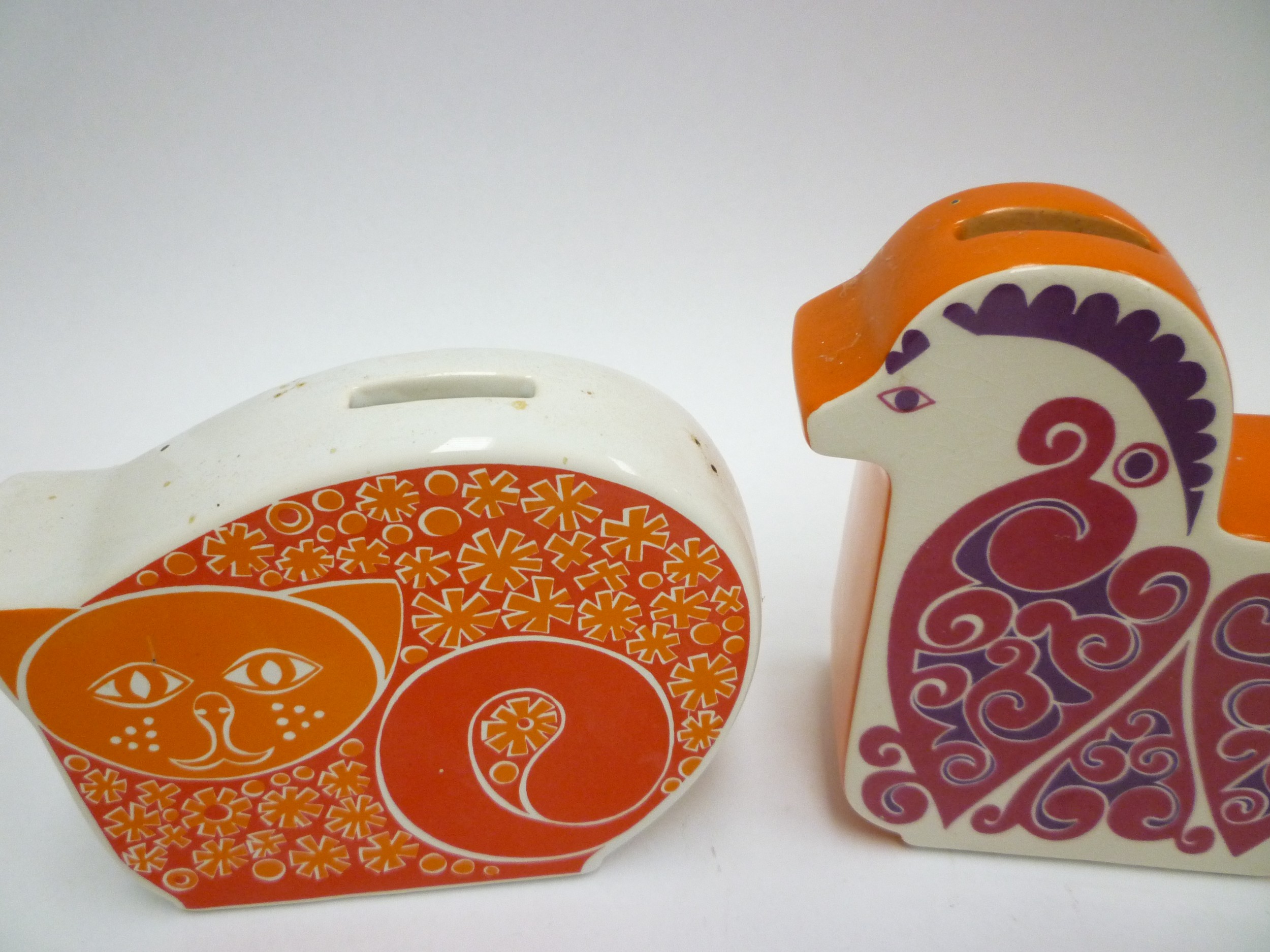 Two Carlton Ware money boxes, Horse in orange/purple colourway and Cat in red/orange. Tallest 14.5cm - Image 2 of 3