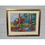 ARTHUR GOODWIN (1922-1998) A large framed and glazed acrylic on paper, veranda scene with table