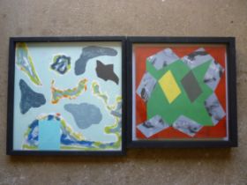 Two framed and glazed mixed media collages of abstract forms. Indistinctly signed verso. Largest