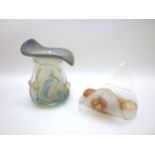 Two Romanian art glass pieces by Ion Tamanian, "folded" dish in peach, vase in blue. Signed. Tallest