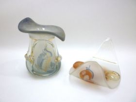Two Romanian art glass pieces by Ion Tamanian, "folded" dish in peach, vase in blue. Signed. Tallest