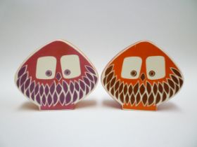 Two Carlton Ware Owl money boxes in red/purple and red/orange colourways. 12.5cm high