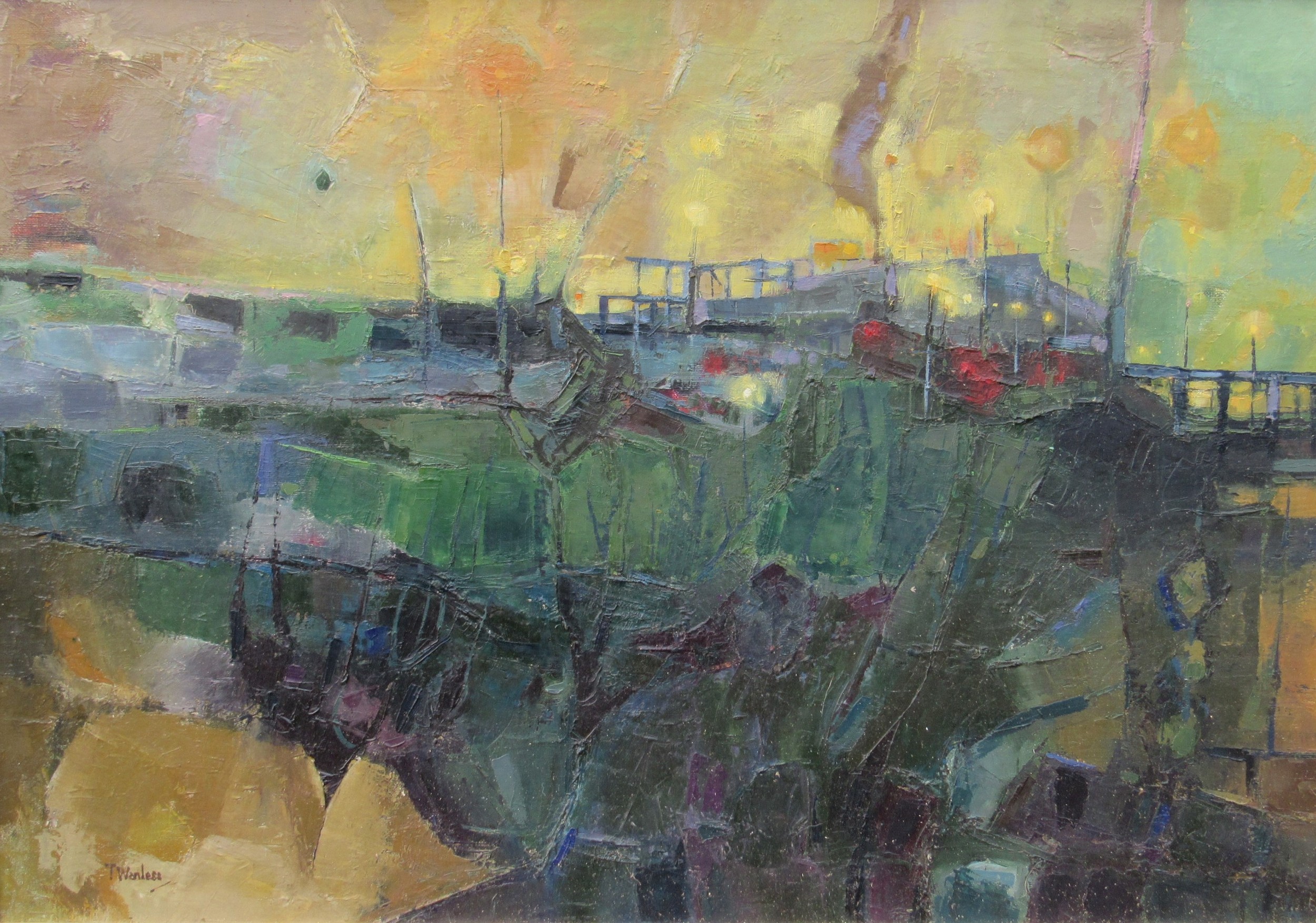 TOM WANLESS ROI RBA (B1929) A framed oil on board, 'Nightlights In Industrial Setting'. Signed - Image 2 of 6