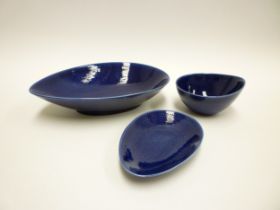 Three pieces of Rorstrand 'Blue Fire' pottery designed by Hertha Bengtsson, tear shaped bowl (chip